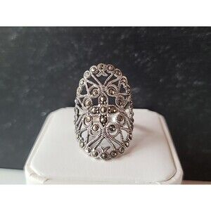 925 Sterling Silver Marcasite Statement Ring, Size US 8 Vintage READ Description